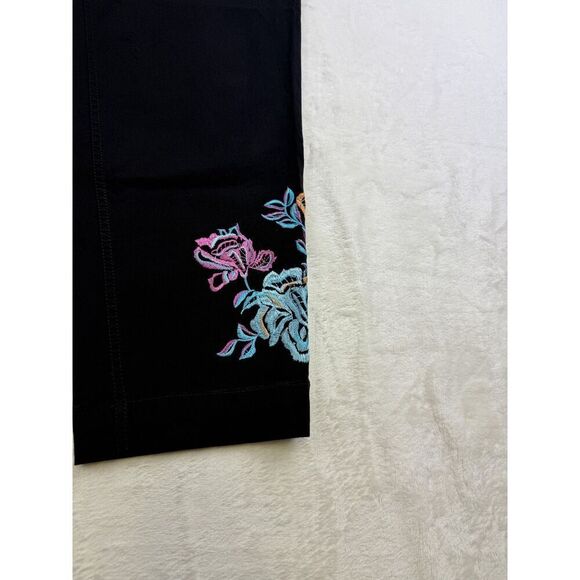 Slim-sation Pants Womens 12 Black Embroidered Floral Stretch Pull On Cropped - Picture 2 of 11
